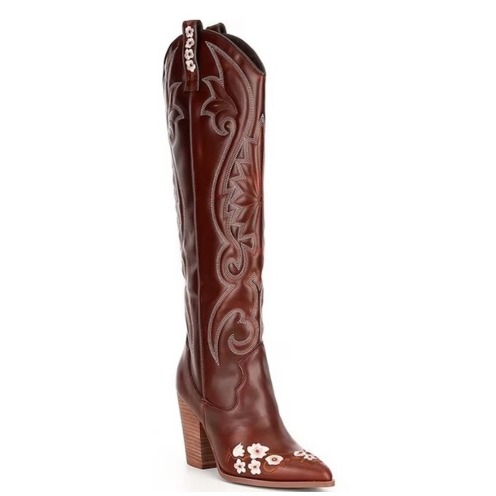 Steve Madden Brown Floral Embroidered Lace-Up Knee-High Boots